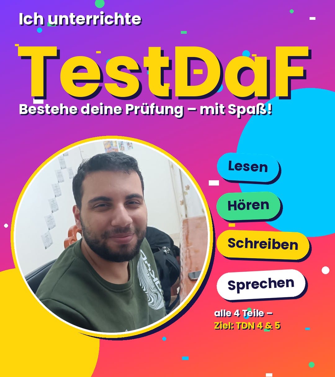 مستر أليكس في ملصق ملون للتحضير لامتحان TestDaF