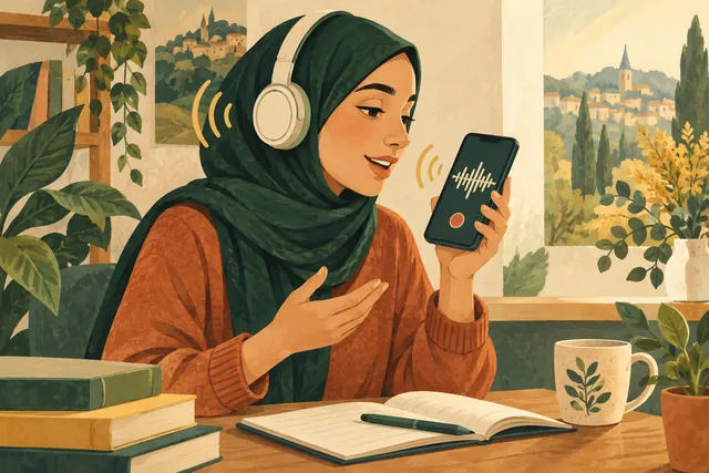 طالب يتدرّب على النطق باستخدام السماعات وتسجيل صوته على الهاتف.