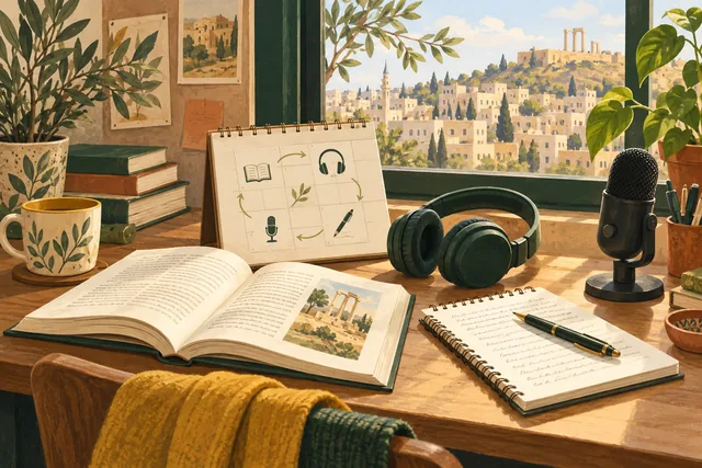 مكتب دراسة عليه كتاب وسماعات ودفتر وميكروفون للتدريب على مهارات الامتحان الأربع.